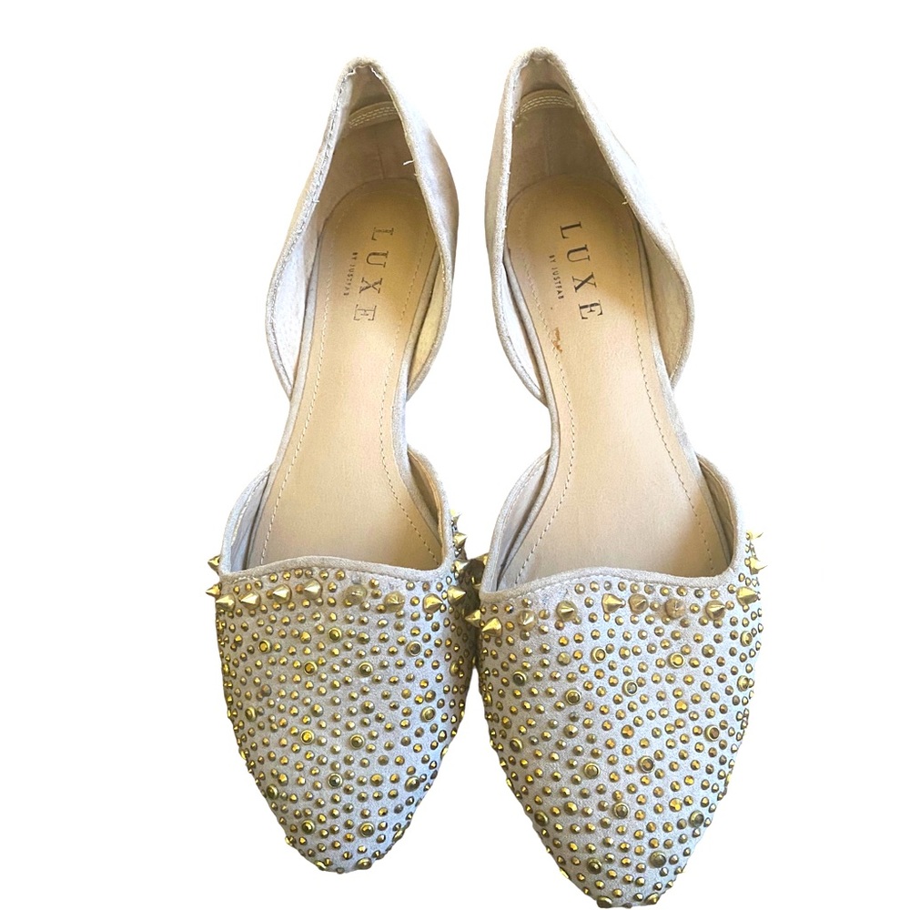 Justfab luxe suede gold crystal flats